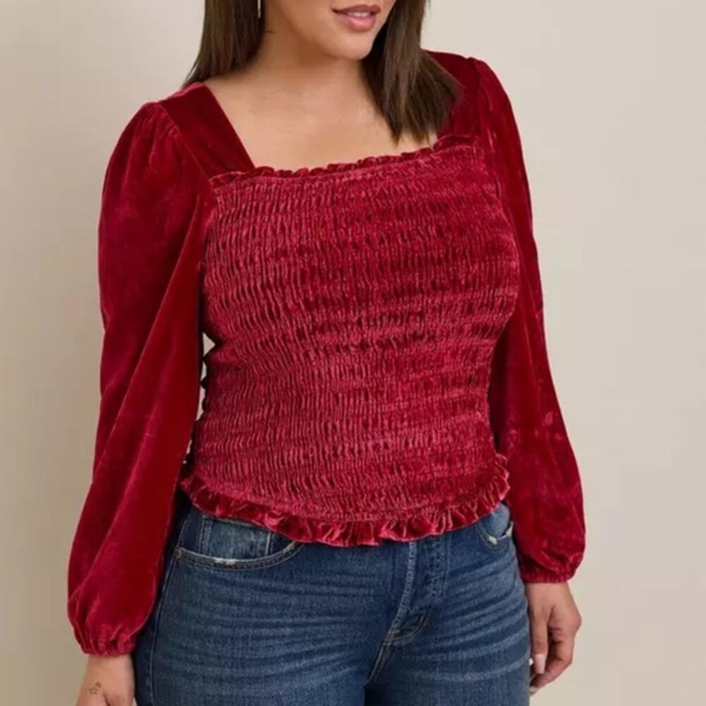 TORRID Red Velvet Smocked Blouson Sleeve Top Romantic Holiday Plus Size 1X